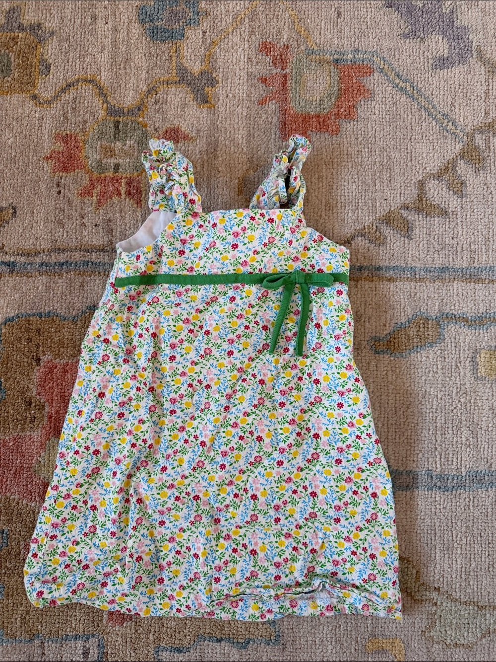 Floral Cotton Sundress with Green Bow - White Multi
